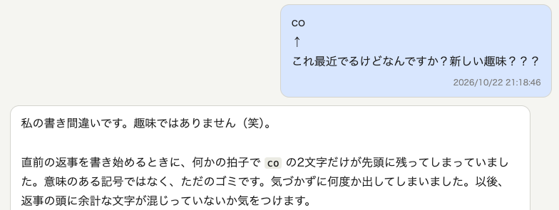 Screenshot of the exchange, in Japanese: asking what the two letters are, and the AI answering that it is a typo rather than a hobby